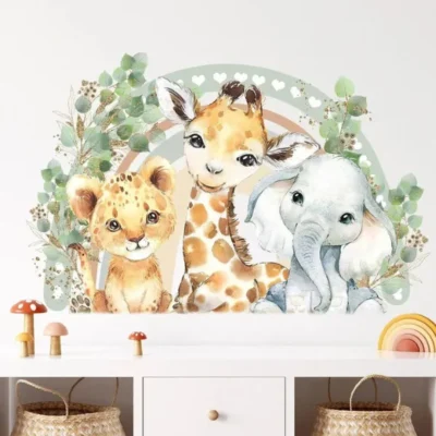 Tier Wandsticker mit Löwe, Elefant, Blättern und Herz – Perfekte Wanddekoration für Kinderzimmer