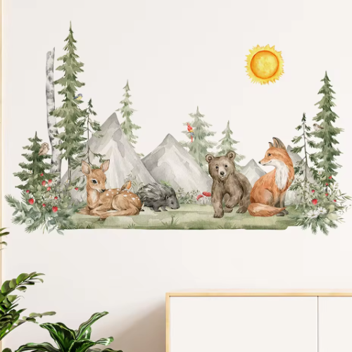 Sonne, Bäume, Bär, Hirsch, Fuchs und Berge – Natur Wandsticker für Kinderzimmer