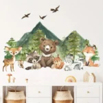 Wandsticker Waldtiere mit Bär, Hirsch, Hase & Bergen – Natur Deko mit Bäumen & Tieren fürs Kinderzimmer