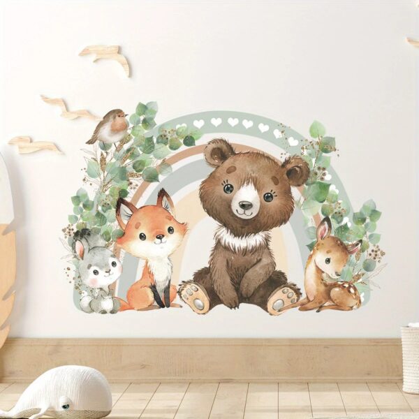 Bär, Fuchs, Reh, Regenbogen und Vögel Wandsticker – Bunte Tierwelt Deko für Kinderzimmer