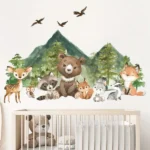 Wandsticker Waldtiere mit Bär, Hirsch, Hase & Bergen – Natur Deko mit Bäumen & Tieren fürs Kinderzimmer