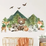 Wandsticker Waldtiere mit Bär, Hirsch, Hase & Bergen – Natur Deko mit Bäumen & Tieren fürs Kinderzimmer