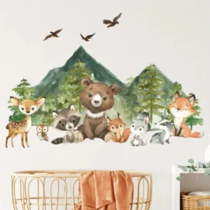 Wandsticker Waldtiere mit Bär, Hirsch, Hase & Bergen – Natur Deko mit Bäumen & Tieren fürs Kinderzimmer
