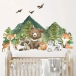 Wandsticker Waldtiere mit Bär, Hirsch, Hase & Bergen – Natur Deko mit Bäumen & Tieren fürs Kinderzimmer