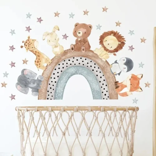 Regenbogen Wandsticker mit Sternen, Löwe, Bär, Hase und anderen Tieren – Traumhafte Deko für Kinderzimmer