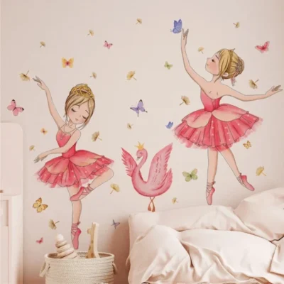 Wanddeko Prinzessin Schwan mit Schmetterlingen & Blumen – Zauberhafte Wandsticker für Kinderzimmer