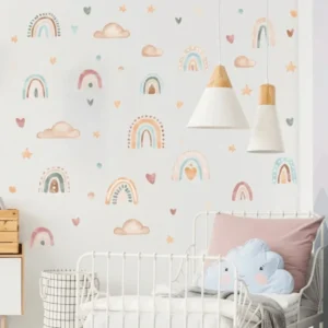 Wanddekoration Regenbogen Herzen, Sterne und Wolken – Bunte Wandsticker für Kinderzimmer