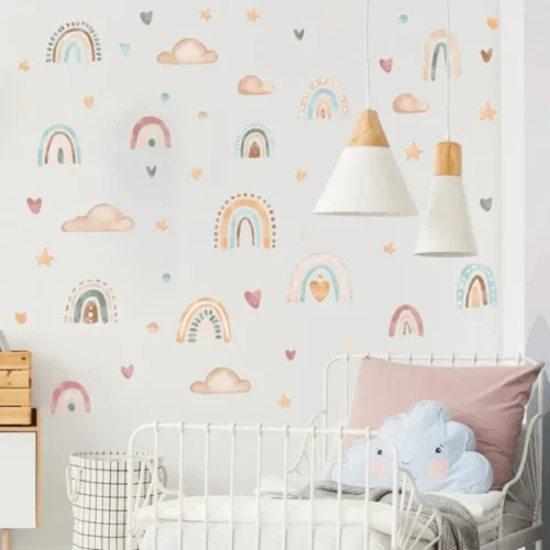 Wanddekoration Regenbogen Herzen, Sterne und Wolken – Bunte Wandsticker für Kinderzimmer