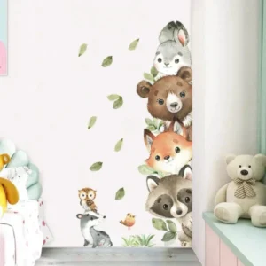 Bear, Rabbit, Fox und Leaves Wandsticker – Natürliche Waldtiere Dekoration für das Kinderzimmer
