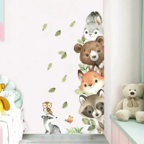 Bear, Rabbit, Fox und Leaves Wandsticker – Natürliche Waldtiere Dekoration für das Kinderzimmer