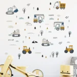 Bagger, Kran, Müllwagen und Baum Wandsticker – Abenteuerliche Wanddekoration für das Kinderzimmer