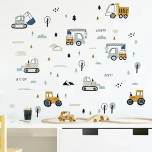 Bagger, Kran, Müllwagen und Baum Wandsticker – Abenteuerliche Wanddekoration für das Kinderzimmer