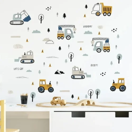 Bagger, Kran, Müllwagen und Baum Wandsticker – Abenteuerliche Wanddekoration für das Kinderzimmer