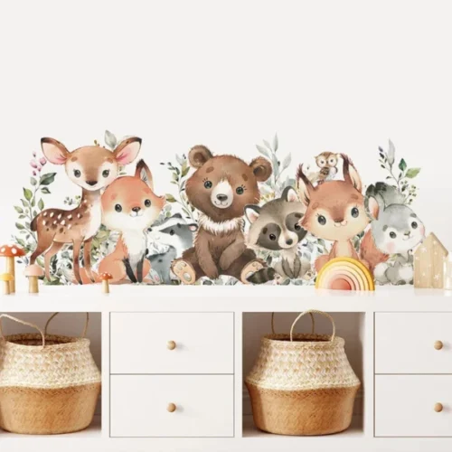 Chic Wandsticker mit Bär, Hirsch, Fuchs, Blättern & Hase – Natur & Waldtiere Deko für Kinderzimmer