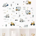 Bagger, Kran, Müllwagen und Baum Wandsticker – Abenteuerliche Wanddekoration für das Kinderzimmer