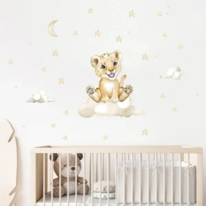 Süßer Tiger Wandsticker mit Mond, Sternen und Wolken – Verspielte Wanddekoration für Kinderzimmer