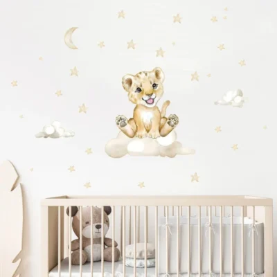 Süßer Tiger Wandsticker mit Mond, Sternen und Wolken – Verspielte Wanddekoration für Kinderzimmer