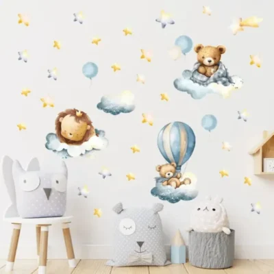 Wandtattoo Luftballon mit Löwe & Bär – Sterne, Wolken & Ballon-Deko für Kinderzimmer