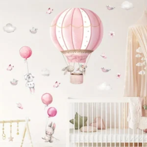 Niedlicher Hase mit pinkem Ballon, Wolken und Vögeln – Süßer Wandsticker für Kinderzimmer