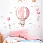 Niedlicher Hase mit pinkem Ballon, Wolken und Vögeln – Süßer Wandsticker für Kinderzimmer