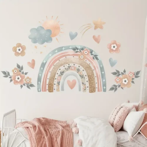 Herz und Blumen Wandsticker mit Sonne, Wolken und Regenbogen – Farbige Wanddekoration für das Kinderzimmer
