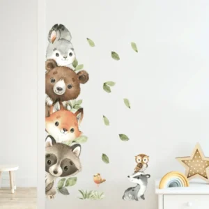 Wandsticker Tiere mit Vögeln, Blättern und Sternen – Dekorative Wandaufkleber für Kinderzimmer und Wohnzimmer
