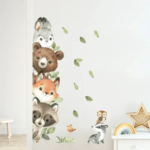 Wandsticker Tiere mit Vögeln, Blättern und Sternen – Dekorative Wandaufkleber für Kinderzimmer und Wohnzimmer