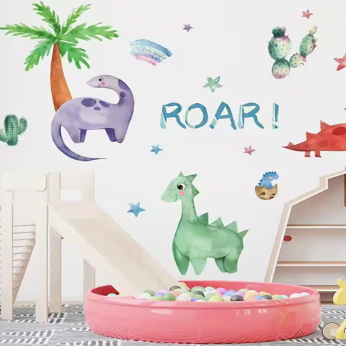 Chic Dinosaurier & Regenbogen Wandsticker mit Sternen, ‘Roar!’ Schriftzug und Baum Design