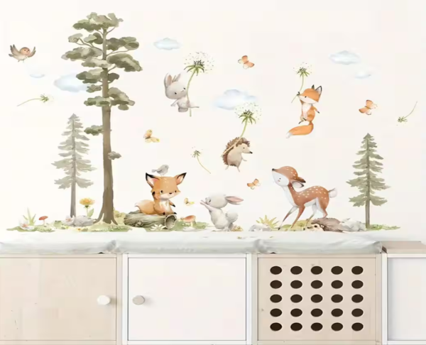 Wandsticker Hase Fuchs Reh Großer Baum mit Vögeln und fliegendem Fuchs – Natur Wanddekoration für Kinderzimmer - Image 2