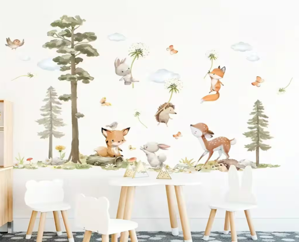 Wandsticker Hase Fuchs Reh Großer Baum mit Vögeln und fliegendem Fuchs – Natur Wanddekoration für Kinderzimmer - Image 4