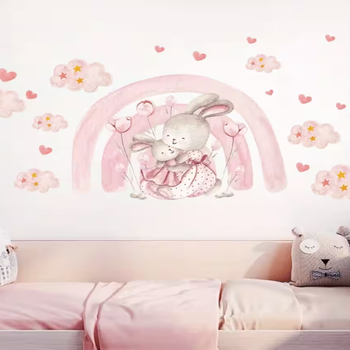 XXL Wandsticker Pinker Regenbogen mit Herz, Wolken, Hase und Sternen – Wanddekoration fürs Kinderzimmer