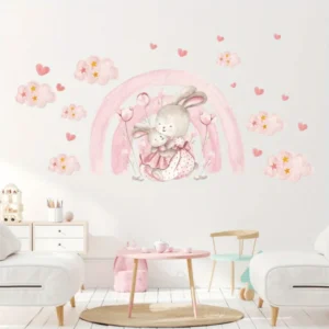 XXL Wandsticker Pinker Regenbogen mit Herz, Wolken, Hase und Sternen – Wanddekoration fürs Kinderzimmer
