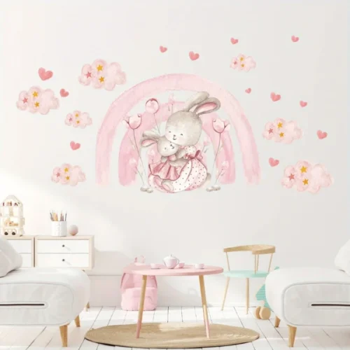 XXL Wandsticker Pinker Regenbogen mit Herz, Wolken, Hase und Sternen – Wanddekoration fürs Kinderzimmer