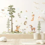 Wandsticker Hase Fuchs Reh Großer Baum mit Vögeln und fliegendem Fuchs – Natur Wanddekoration für Kinderzimmer