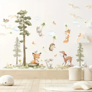 Wandsticker Hase Fuchs Reh Großer Baum mit Vögeln und fliegendem Fuchs – Natur Wanddekoration für Kinderzimmer