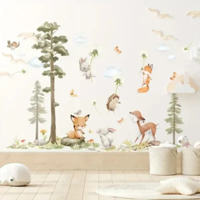 Wandsticker Hase Fuchs Reh Großer Baum mit Vögeln und fliegendem Fuchs – Natur Wanddekoration für Kinderzimmer