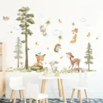 Wandsticker Hase Fuchs Reh Großer Baum mit Vögeln und fliegendem Fuchs – Natur Wanddekoration für Kinderzimmer