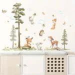 Wandsticker Hase Fuchs Reh Großer Baum mit Vögeln und fliegendem Fuchs – Natur Wanddekoration für Kinderzimmer