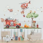 Wandaufkleber Cartoon Feuerwehrmann, Hubschrauber Feuerwehr, Affen löschen Feuer – Dekoration mit Wolken und Bäumen für Kinderzimmer