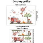 Wandaufkleber Cartoon Feuerwehrmann, Hubschrauber Feuerwehr, Affen löschen Feuer – Dekoration mit Wolken und Bäumen für Kinderzimmer