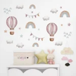 Wandaufkleber Wasserfarben Pink Ballon, Regenbogenstern, Wolke und Box mit Name 'Love Life' für Kinderzimmer
