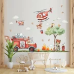 Wandaufkleber Cartoon Feuerwehrmann, Hubschrauber Feuerwehr, Affen löschen Feuer – Dekoration mit Wolken und Bäumen für Kinderzimmer