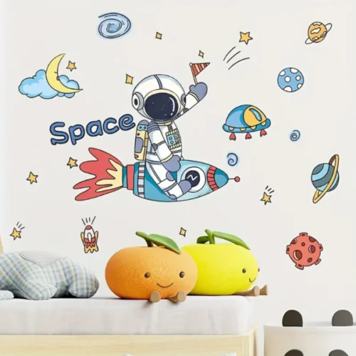 Space Wandaufkleber mit Cartoon Astronauten, Raumschiffen, Raketen, Planeten, Wolken und Sternen für Kinderzimmer