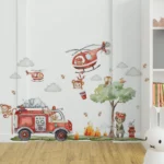 Wandaufkleber Cartoon Feuerwehrmann, Hubschrauber Feuerwehr, Affen löschen Feuer – Dekoration mit Wolken und Bäumen für Kinderzimmer