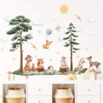 Wandtattoo Süße Tiere - Bär, Reh, Hase, Wolken, Sonne, Vögel und Bäume für Kinderzimmer & Babyzimmer Deko