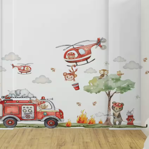 Wandaufkleber Cartoon Feuerwehrmann, Hubschrauber Feuerwehr, Affen löschen Feuer – Dekoration mit Wolken und Bäumen für Kinderzimmer