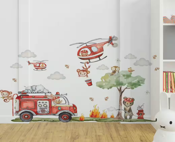 Wandaufkleber Cartoon Feuerwehrmann, Hubschrauber Feuerwehr, Affen löschen Feuer – Dekoration mit Wolken und Bäumen für Kinderzimmer