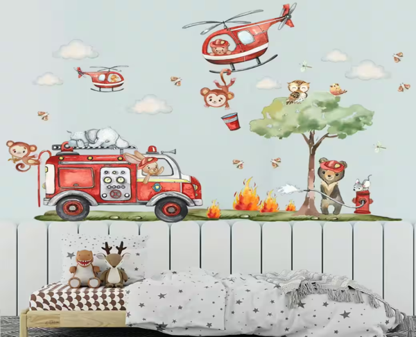 Wandaufkleber Cartoon Feuerwehrmann, Hubschrauber Feuerwehr, Affen löschen Feuer – Dekoration mit Wolken und Bäumen für Kinderzimmer - Image 2