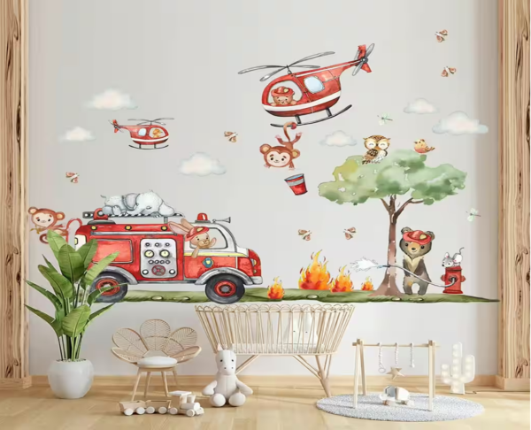 Wandaufkleber Cartoon Feuerwehrmann, Hubschrauber Feuerwehr, Affen löschen Feuer – Dekoration mit Wolken und Bäumen für Kinderzimmer - Image 3