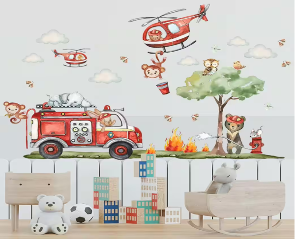 Wandaufkleber Cartoon Feuerwehrmann, Hubschrauber Feuerwehr, Affen löschen Feuer – Dekoration mit Wolken und Bäumen für Kinderzimmer - Image 5